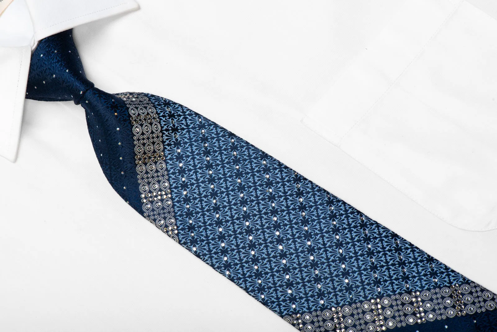 Nina Ricci Silk Necktie Cartouche On Navy With Silver Sparkles