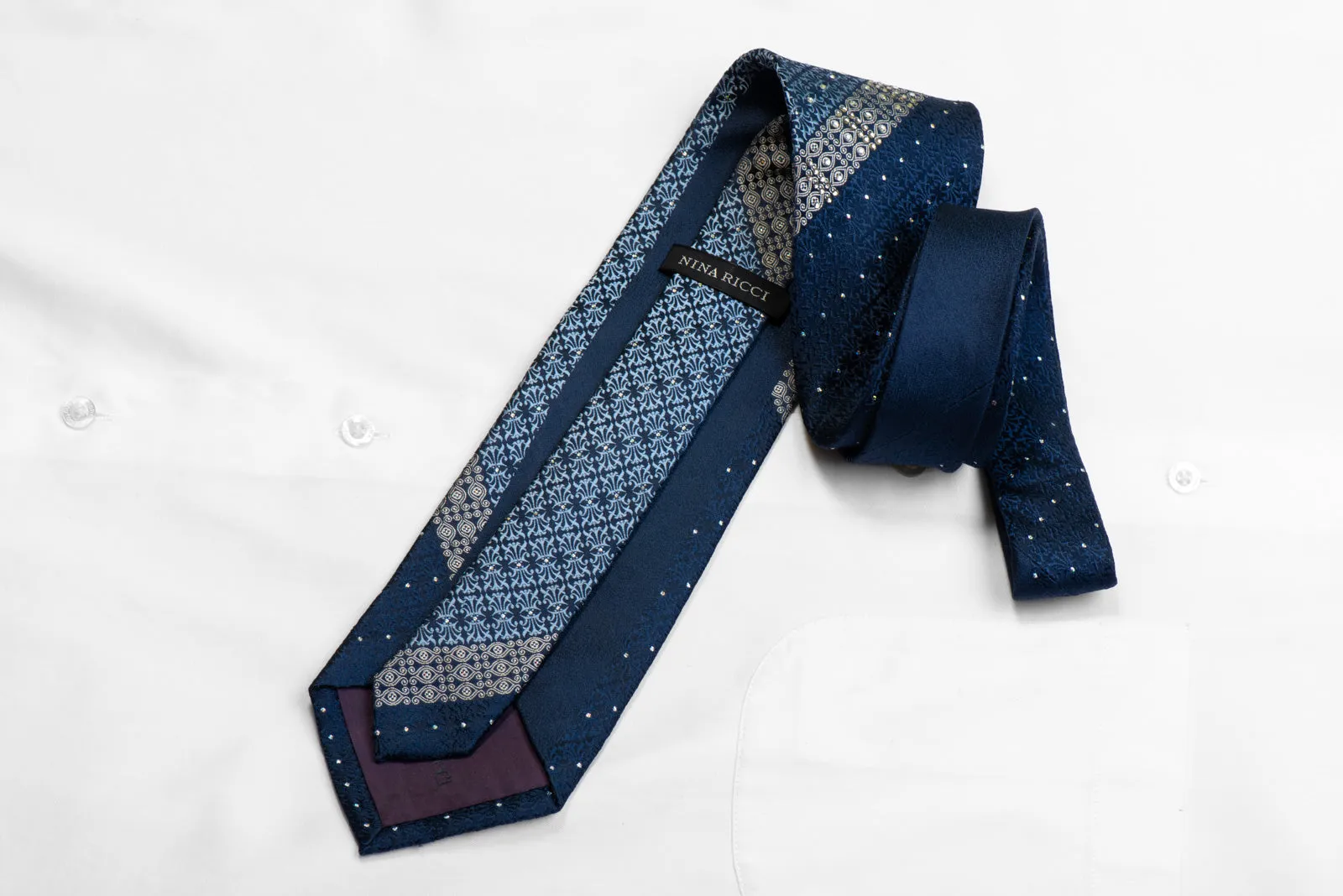 Nina Ricci Silk Necktie Cartouche On Navy With Silver Sparkles