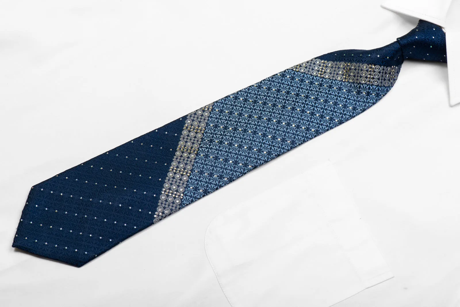 Nina Ricci Silk Necktie Cartouche On Navy With Silver Sparkles