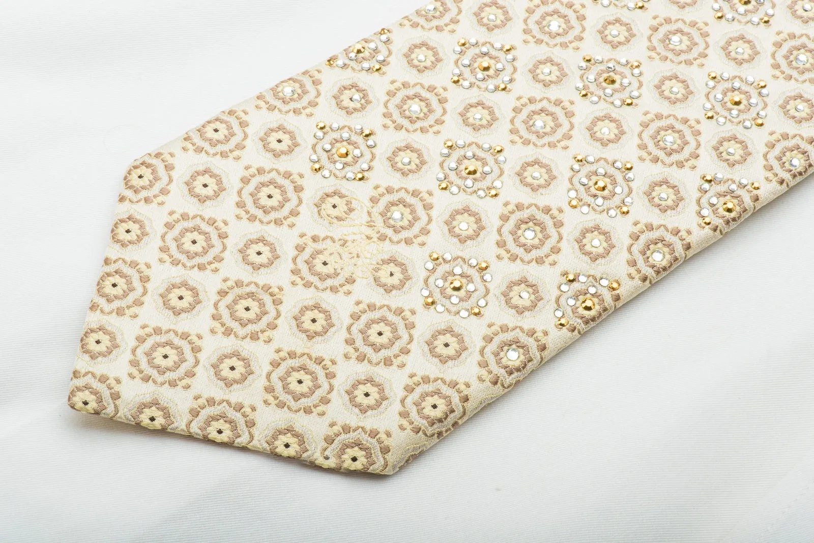 Nina Ricci Silk Tie Foulard On Golden Beige With Gold Rhinestuds