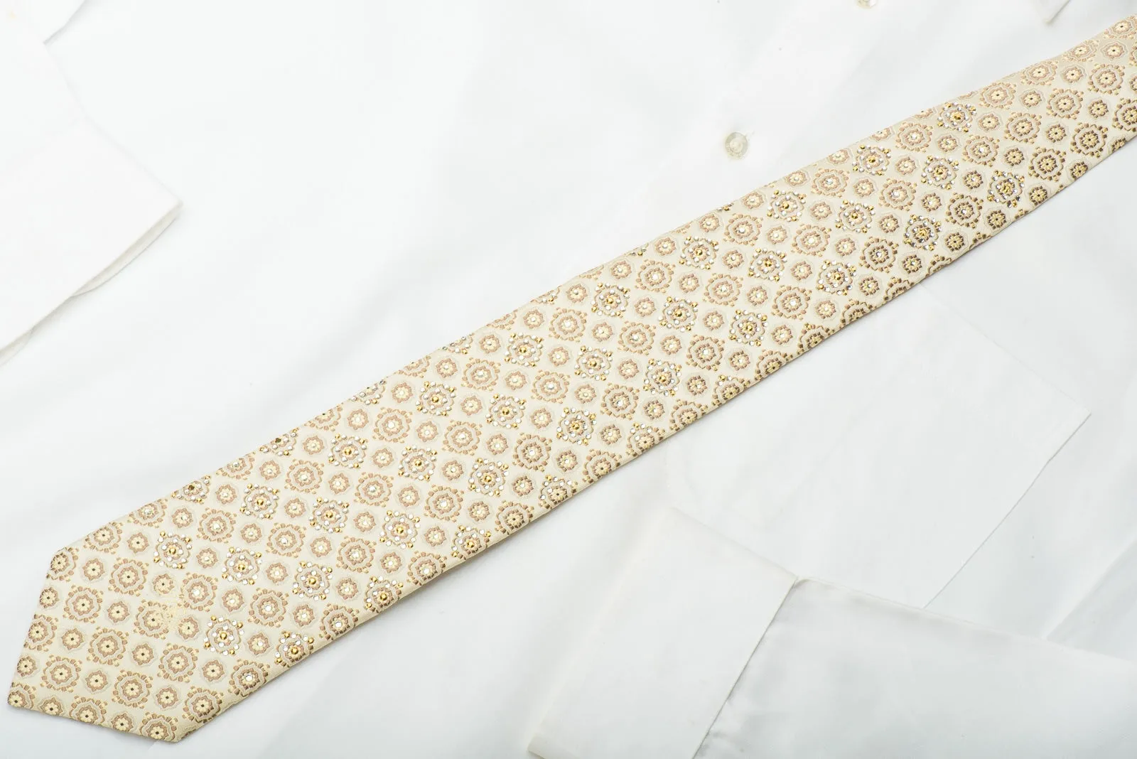 Nina Ricci Silk Tie Foulard On Golden Beige With Gold Rhinestuds