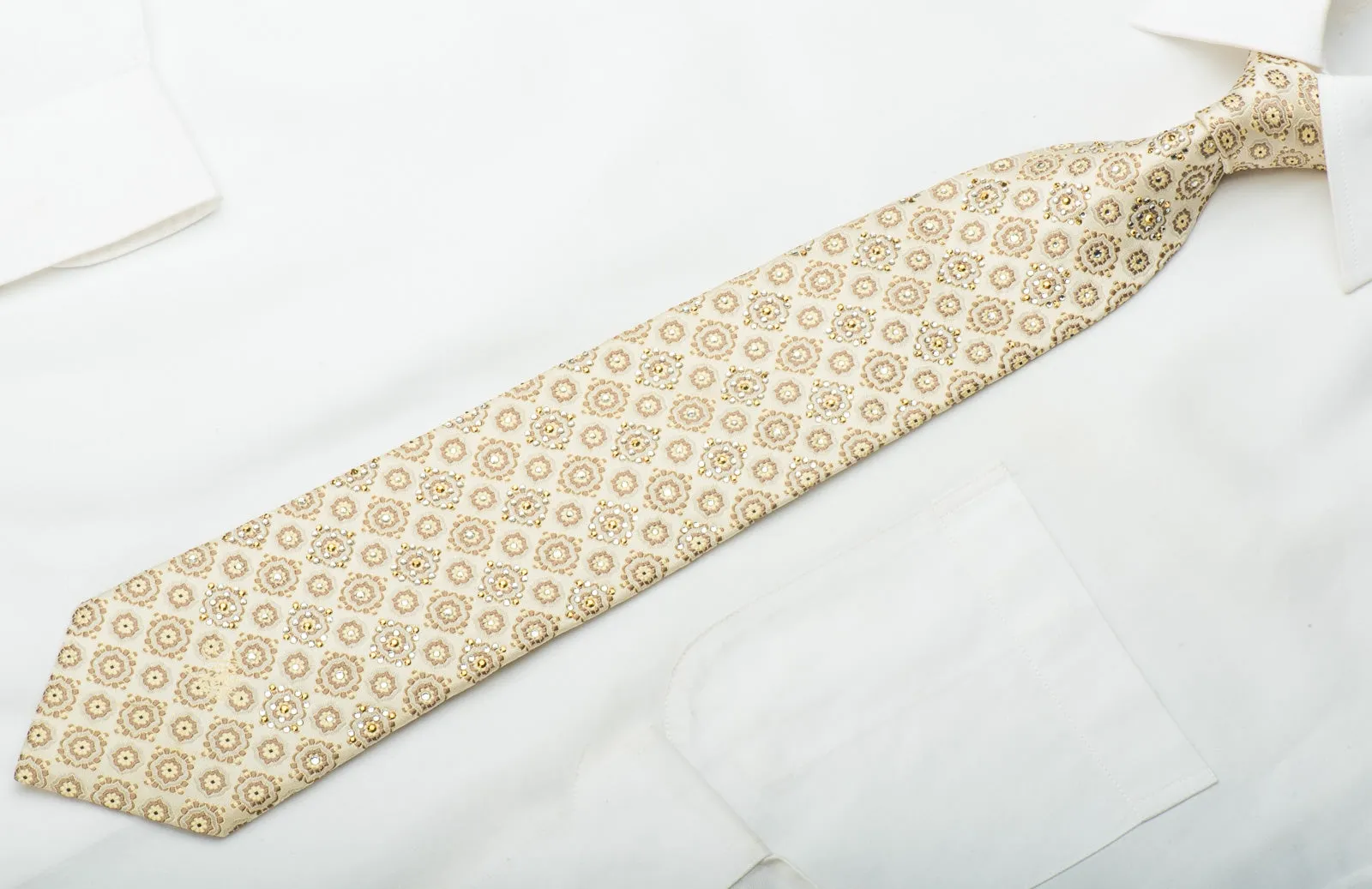 Nina Ricci Silk Tie Foulard On Golden Beige With Gold Rhinestuds