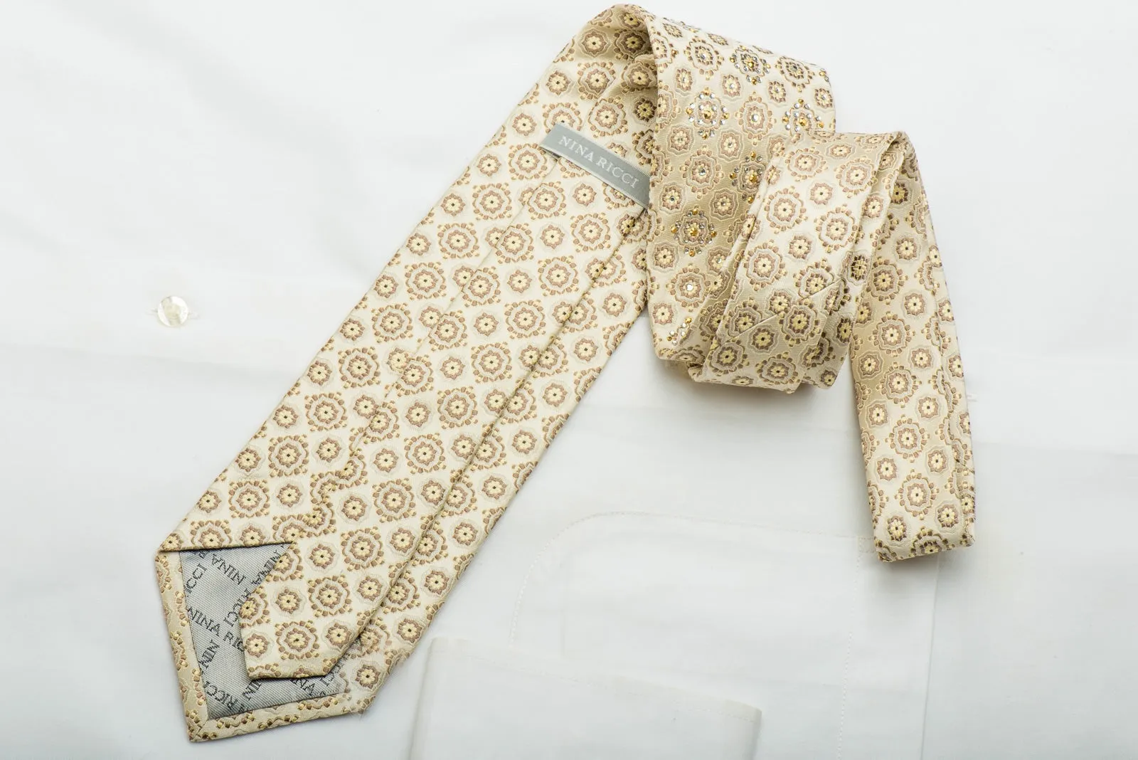Nina Ricci Silk Tie Foulard On Golden Beige With Gold Rhinestuds