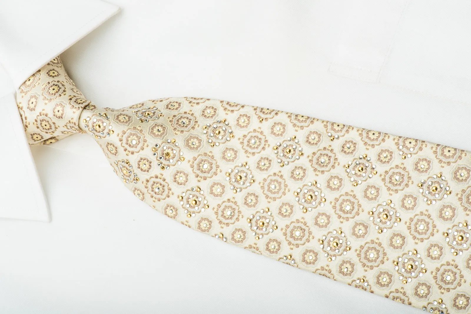 Nina Ricci Silk Tie Foulard On Golden Beige With Gold Rhinestuds