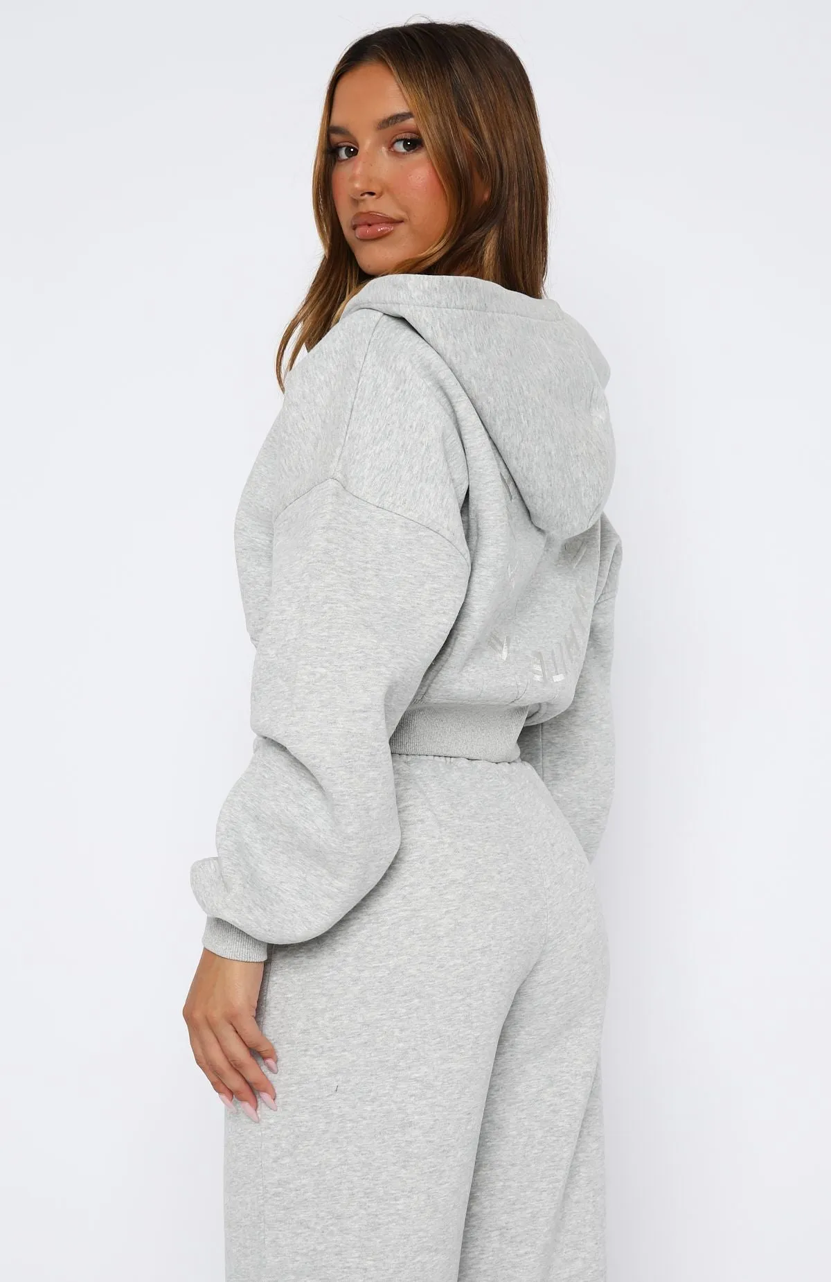 Stay Lifted Cropped Hoodie Dark Grey Marle Chunky Cable Pattern Elastic Edging