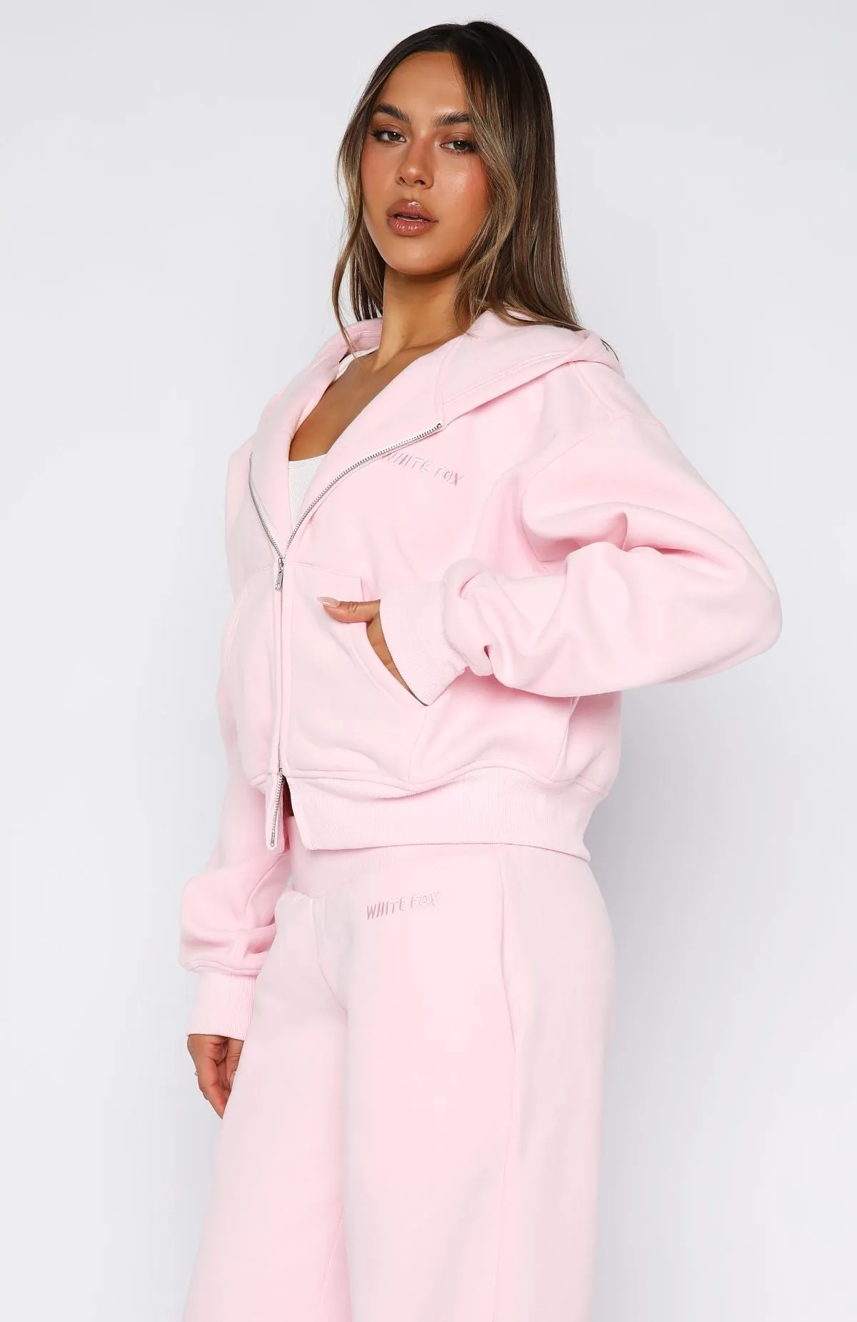 Come A Long Way Boxy Zip Front Hoodie Pink Reinforced Hemline Interlock Knit Body
