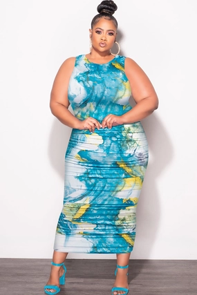 Final Sale Plus Size Sleeveless Ruched Dress In Blue White and Yellow Quick Cool