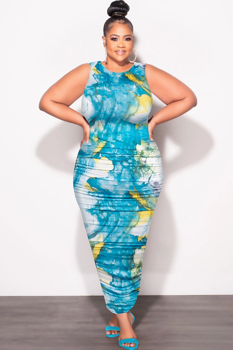 Final Sale Plus Size Sleeveless Ruched Dress In Blue White and Yellow NonChafingEdges Cozy Wear