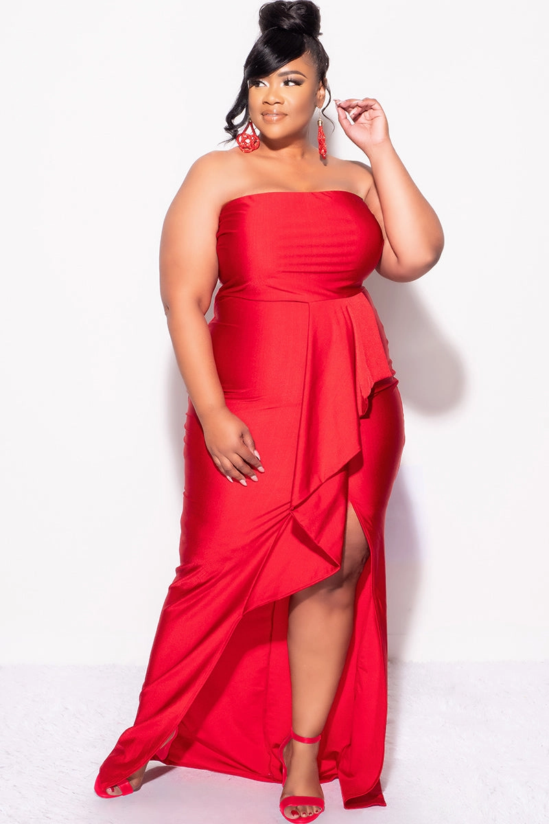 Comfortable Waistband ElasticWaist Final Sale Plus Size Strapless Ruffle Dress with Slit in Red