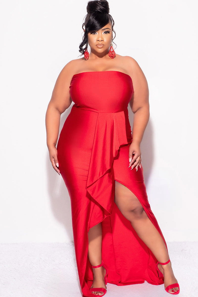 Final Sale Plus Size Strapless Ruffle Dress with Slit in Red Multi Pocket System