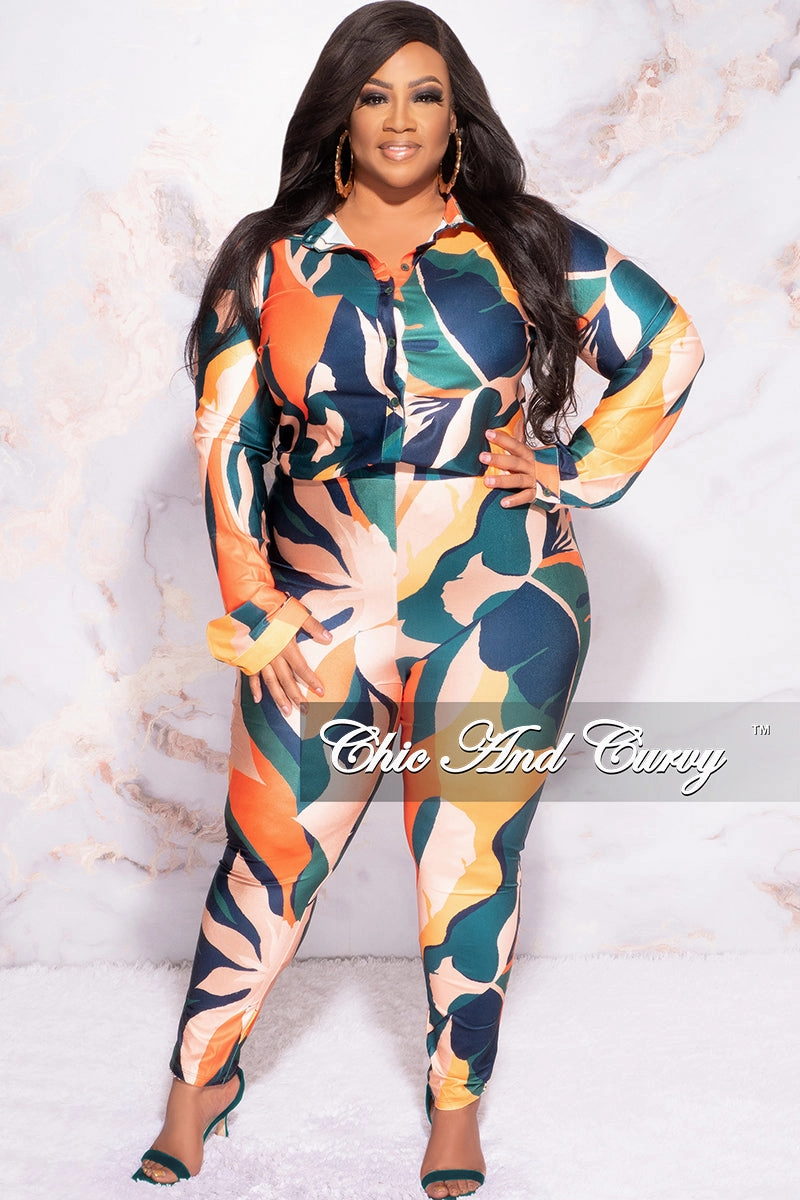 Final Sale Plus Size 2pc Button Up Collar Top and Pants Set in Dark Teal Orange Mustard Multi Color Design Print Durable Material