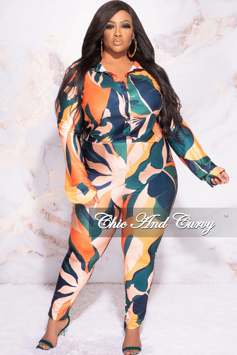 Minimal Fit Final Sale Plus Size 2pc Button Up Collar Top and Pants Set in Dark Teal Orange Mustard Multi Color Design Print