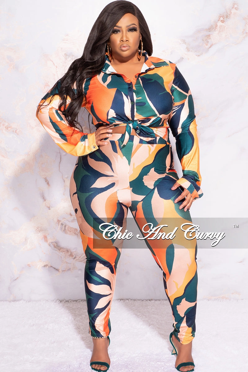Final Sale Plus Size 2pc Button Up Collar Top and Pants Set in Dark Teal Orange Mustard Multi Color Design Print Relax Fit Wear