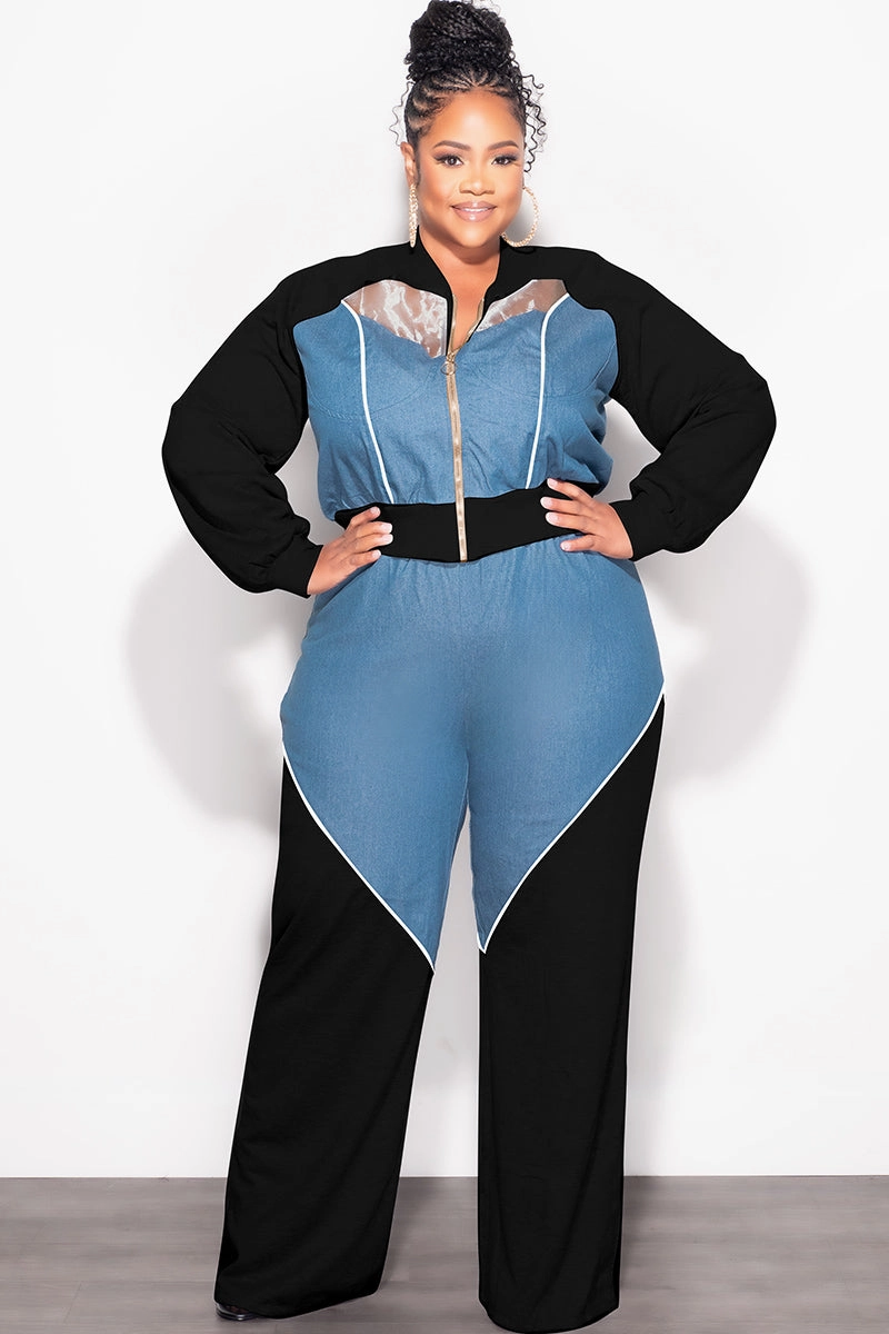 Breathable Material Soft and Cozy Final Sale Plus Size 2pc Colorblock Zip Up Top and Pants Set in Denim Black White
