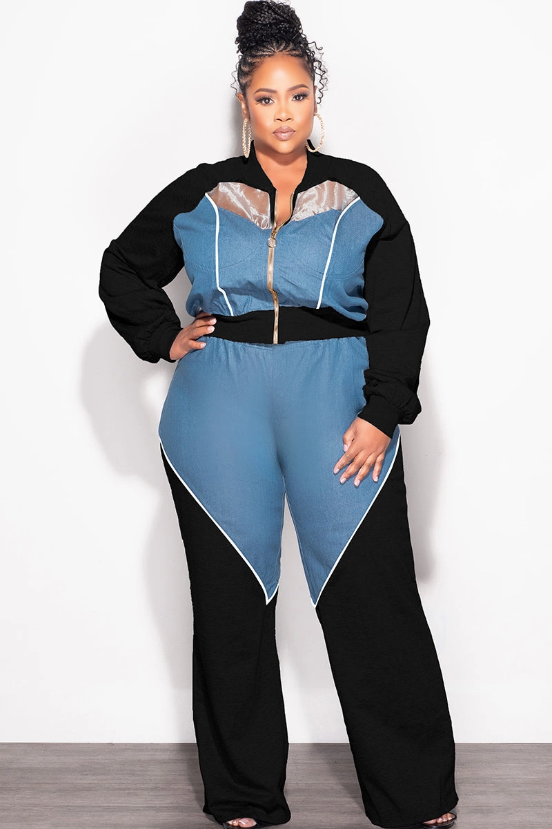 Final Sale Plus Size 2pc Colorblock Zip Up Top and Pants Set in Denim Black White Casual Layer Durable Seam Construction