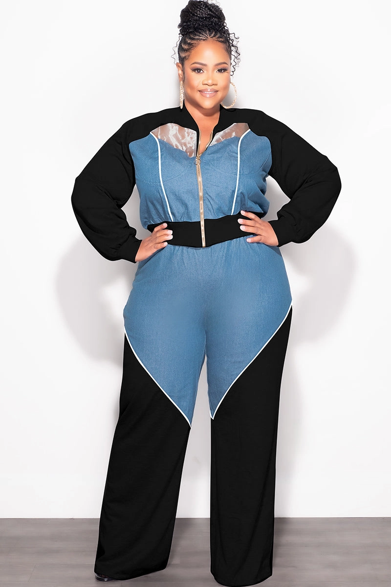 Durable Fabric Soft Wear Final Sale Plus Size 2pc Colorblock Zip Up Top and Pants Set in Denim Black White