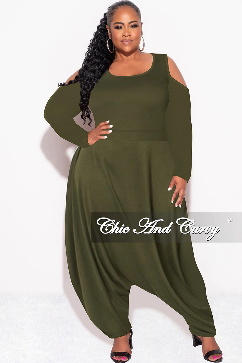 Final Sale Plus Size Cold Shoulder Harem Jumpsuit in Olive High Rise