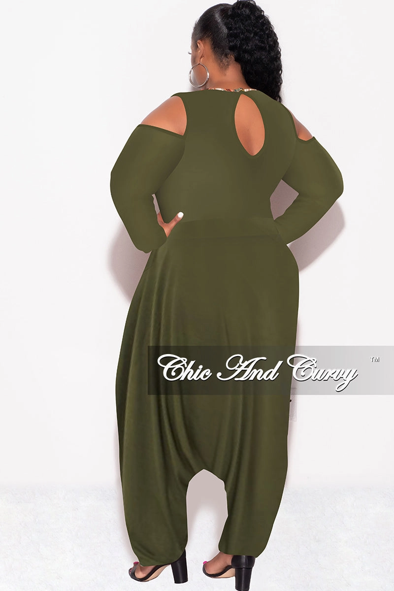 AbrasionGuardTape Final Sale Plus Size Cold Shoulder Harem Jumpsuit in Olive