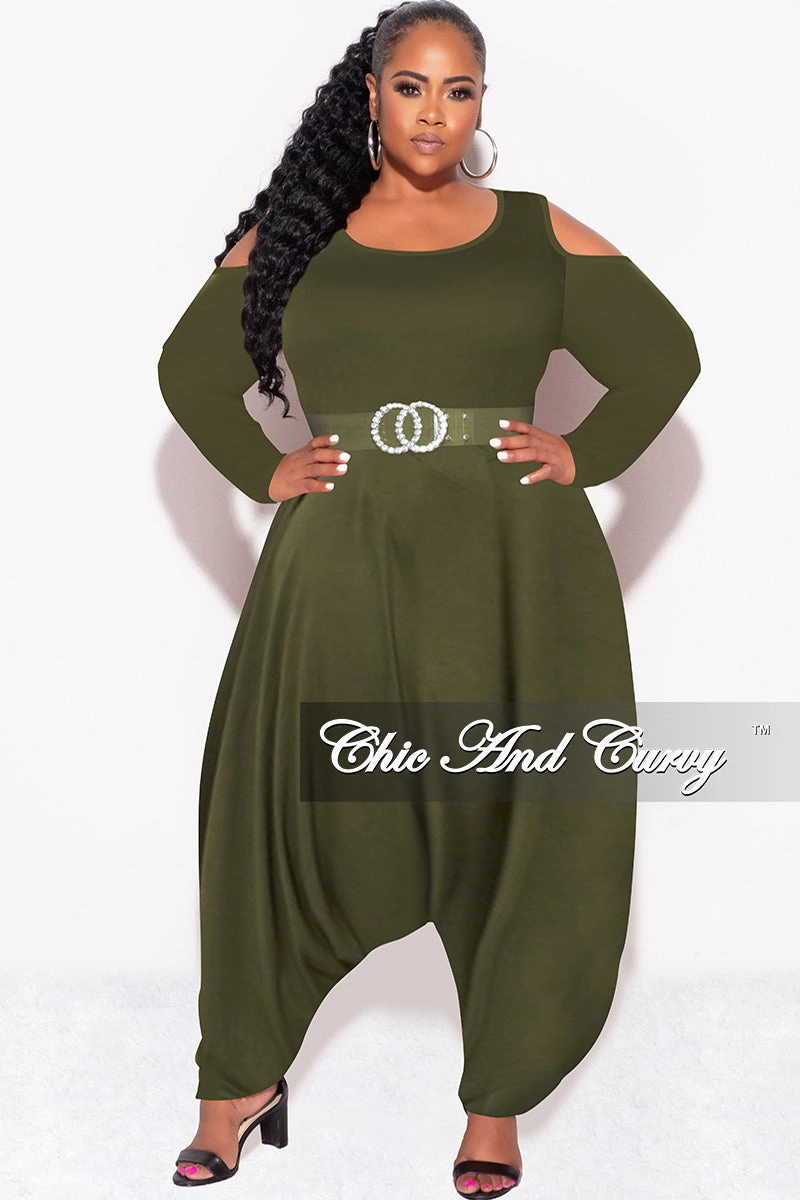 Stretchable Design Lightweight Feel Final Sale Plus Size Cold Shoulder Harem Jumpsuit in Olive