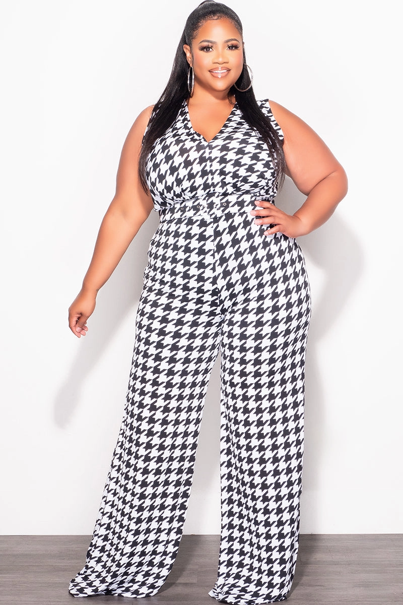 Hidden Zip Pockets Reflective Trim Options Final Sale Plus Size Jumpsuit with Waist Belt in Houndstooth Print