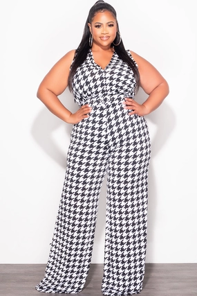 Final Sale Plus Size Jumpsuit with Waist Belt in Houndstooth Print No Fuss