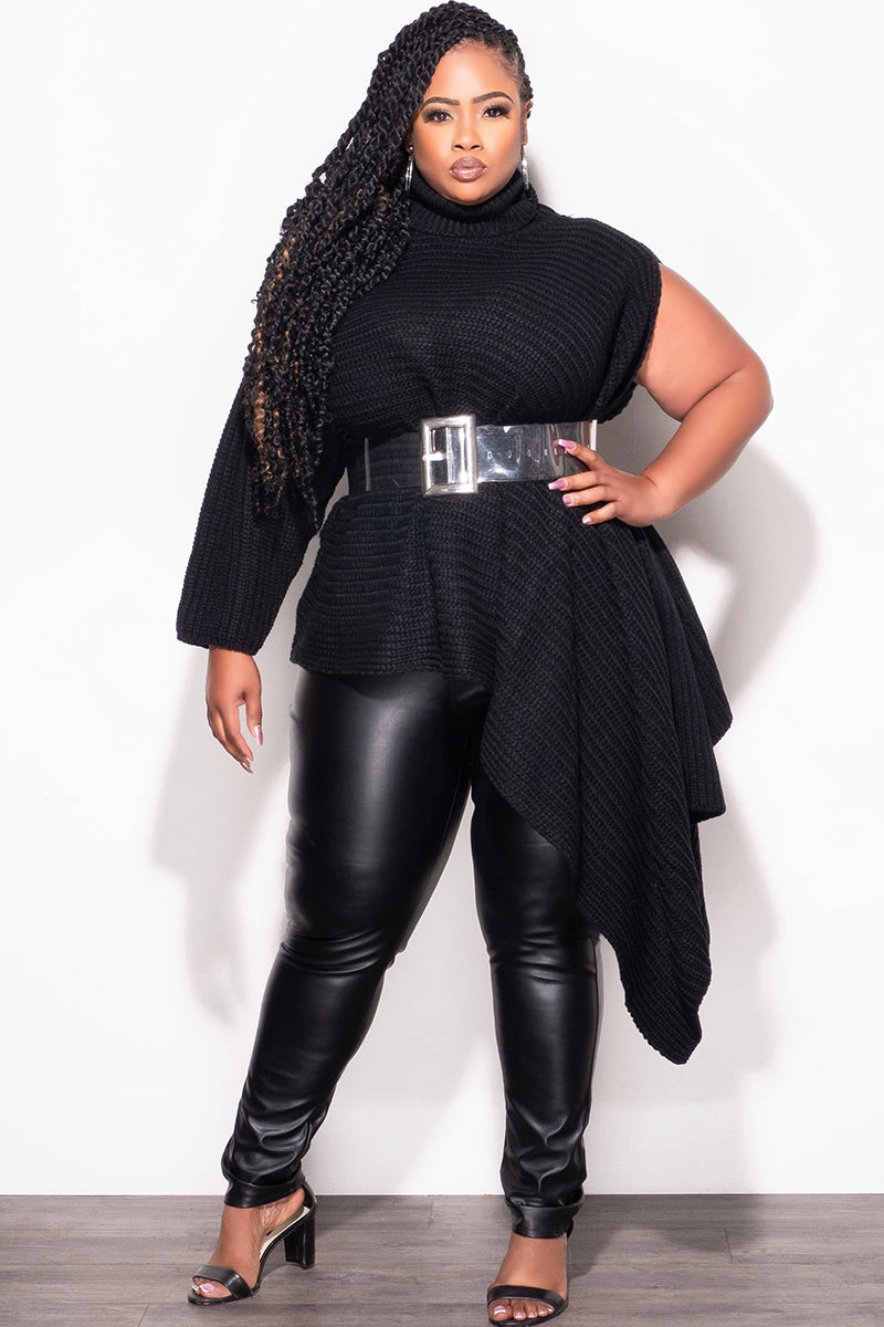 Quick Wash Wrinkle Resistant Final Sale Plus Size One Shoulder Turtleneck Sweater Poncho in Black