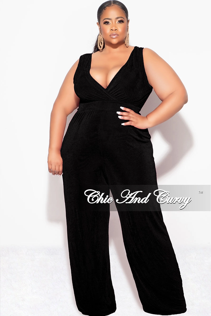 Warm Layer Final Sale Plus Size Sleeveless Faux Wrap Jumpsuit in Black  Slinky Fabric