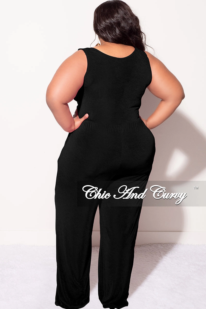 Hygienic Coating Final Sale Plus Size Sleeveless Faux Wrap Jumpsuit in Black  Slinky Fabric