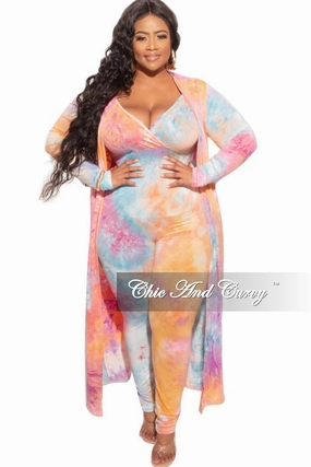Cool Weather Final Sale Plus Size 2-Piece Duster & Spaghetti Strap Jumpsuit Set in Rainbow Sherbet Print