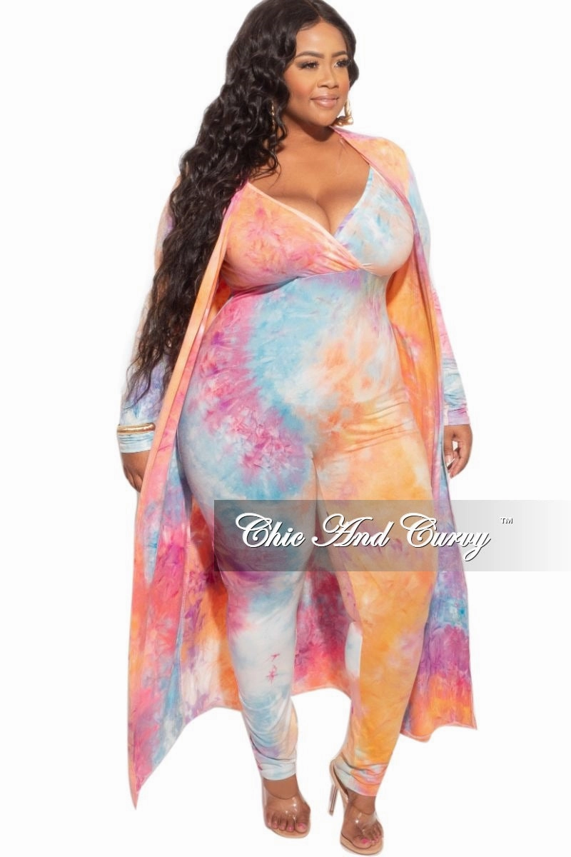 Final Sale Plus Size 2-Piece Duster & Spaghetti Strap Jumpsuit Set in Rainbow Sherbet Print Durable Waistband