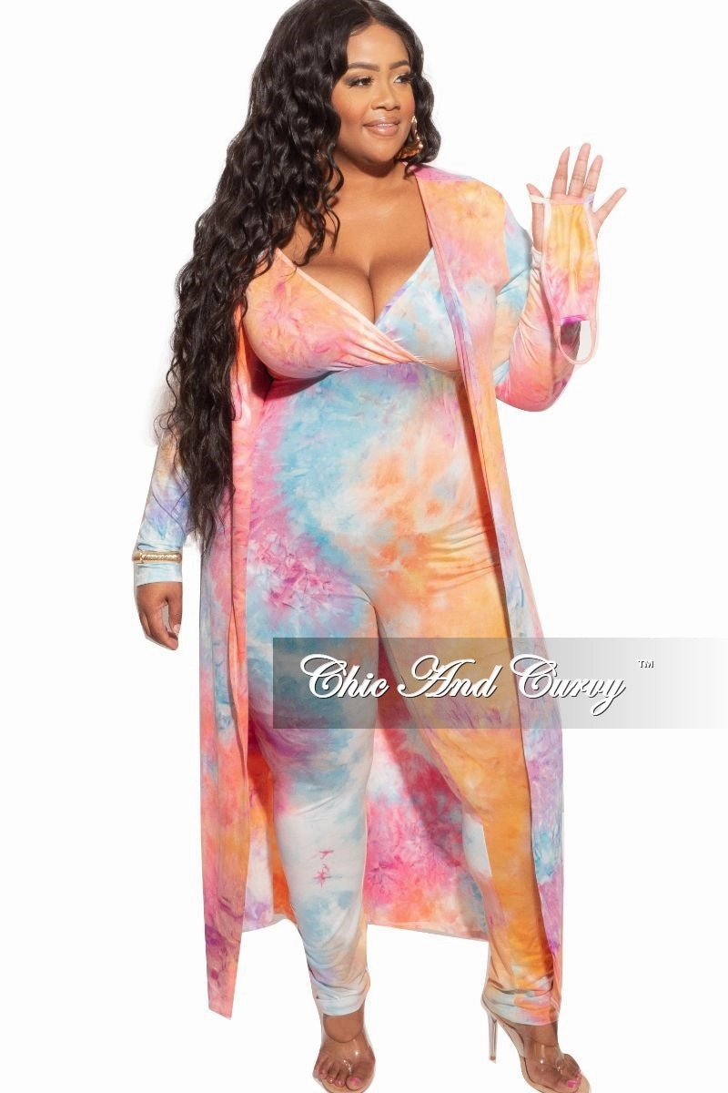 Final Sale Plus Size 2-Piece Duster & Spaghetti Strap Jumpsuit Set in Rainbow Sherbet Print Layered Wear Dynamic Fit