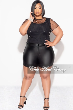 Final Sale Plus Size Shorts in Black Faux Leather Moisture Wicking Technology Anti Static Finish