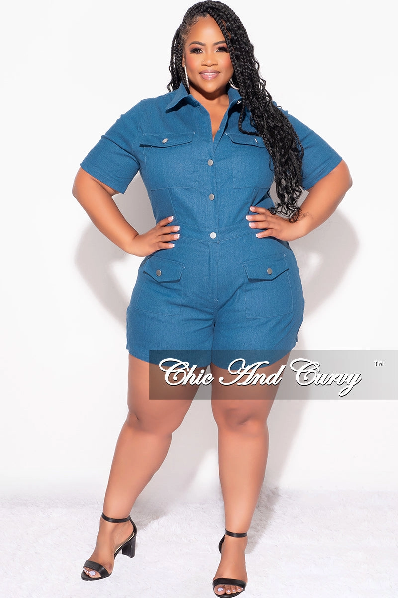 Final Sale Plus Size Collar Button Up Romper with  in Denim HighWaistSupport Quick Motion
