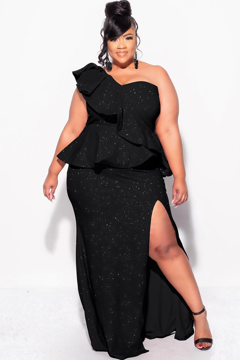 Final Sale Plus Size One Shoulder Layered Ruffle Gown in Black Glitter Low Bulk Material