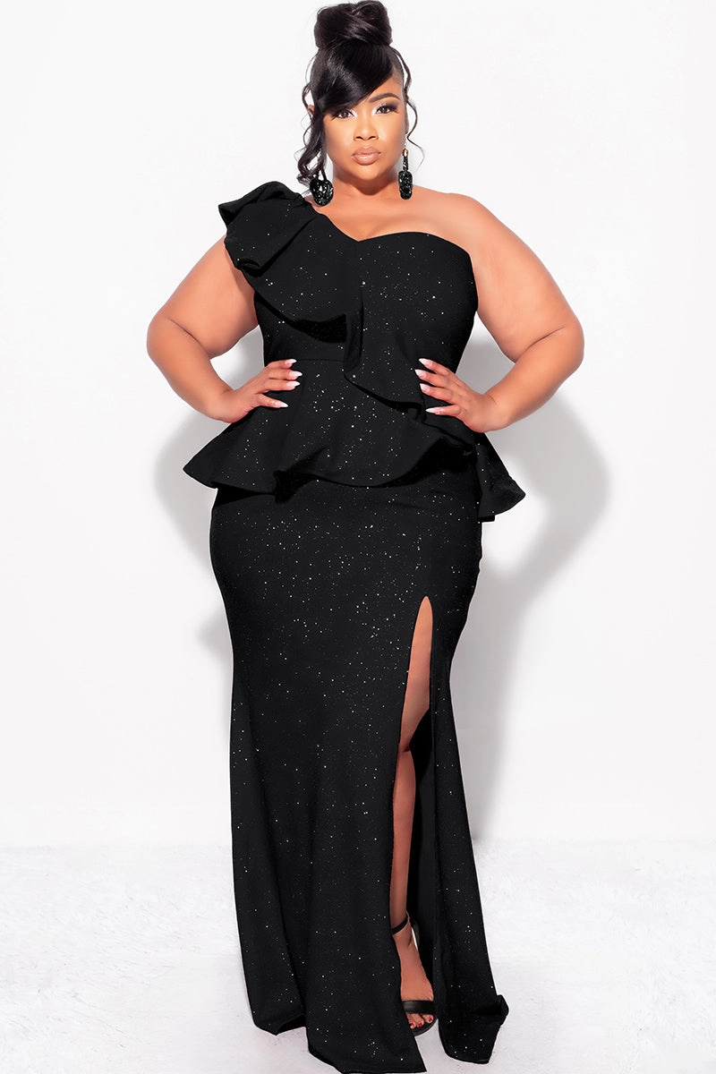 Final Sale Plus Size One Shoulder Layered Ruffle Gown in Black Glitter Versatile Fit ReinforcedPockets