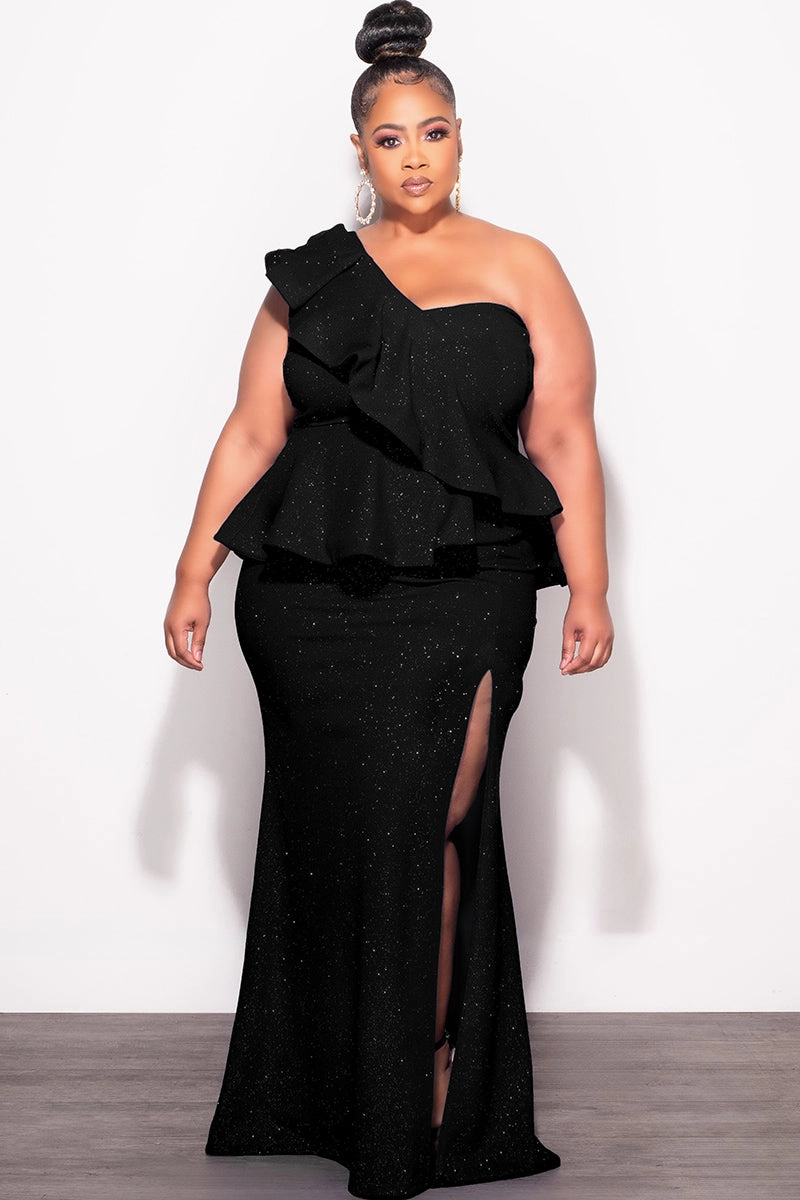 Final Sale Plus Size One Shoulder Layered Ruffle Gown in Black Glitter ReinforcedBeltLoops