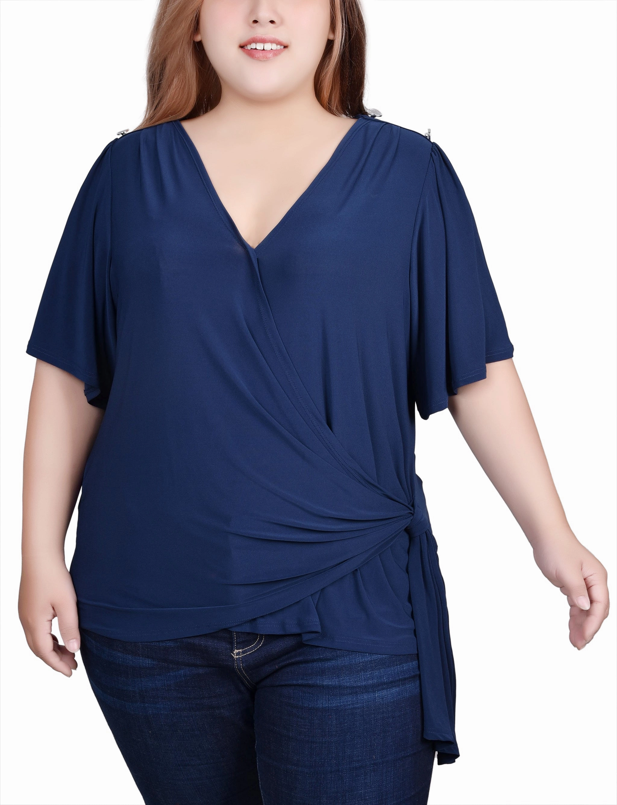 Ventilated Back Panel Plus Size Short Sleeve Wrap Top