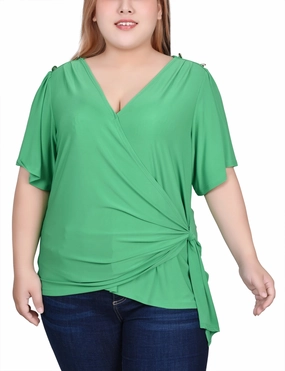 Sporty Style SeamFree Knitting Plus Size Short Sleeve Wrap Top