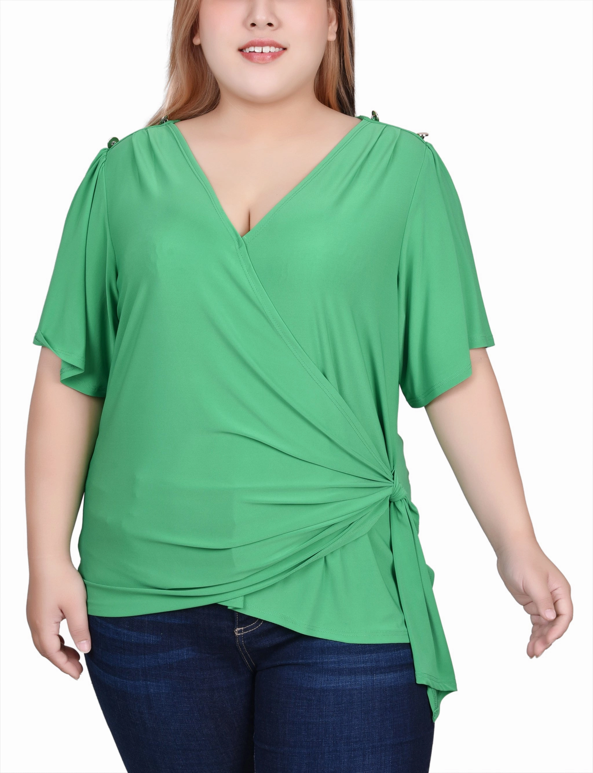Sporty Style SeamFree Knitting Plus Size Short Sleeve Wrap Top