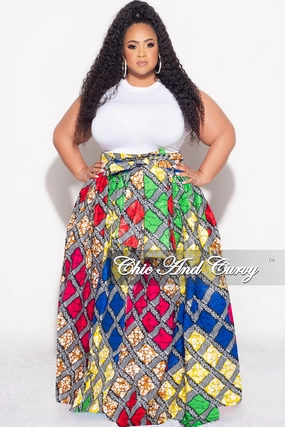 Outdoor Fit Casual Essentials Final Sale Plus Size High Waist Maxi Skirt with Tie in Multi Color Diamond Print