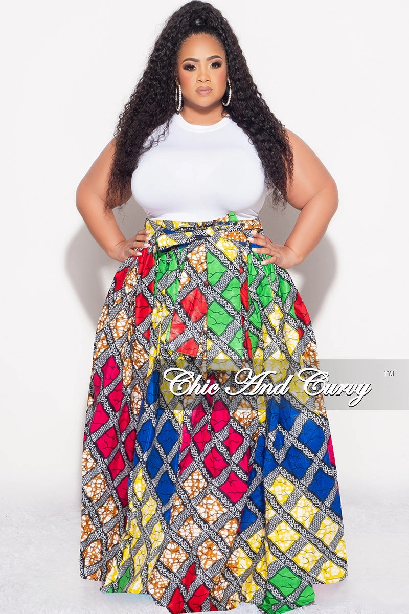 Outdoor Fit Casual Essentials Final Sale Plus Size High Waist Maxi Skirt with Tie in Multi Color Diamond Print