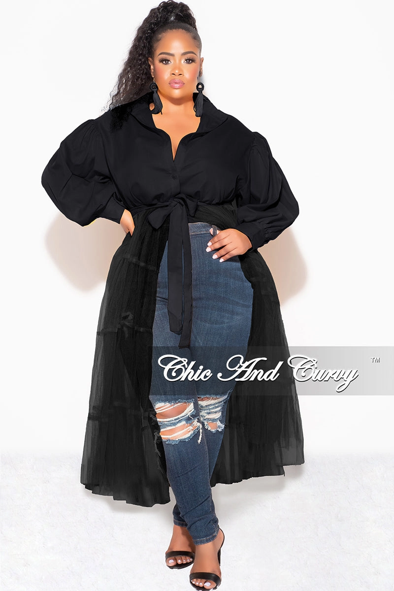 Casual Style Cozy Movement Final Sale Plus Size Puffy Long Sleeve Button Up Top with Mesh Train in Black