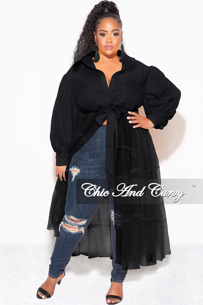 Final Sale Plus Size Puffy Long Sleeve Button Up Top with Mesh Train in Black Seamless Design Fashion Fit