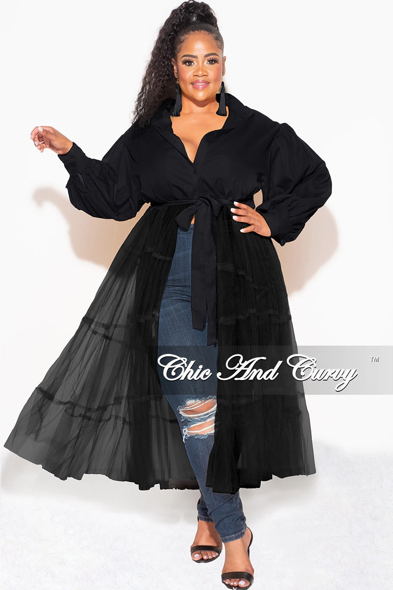 Non Binding Waist Final Sale Plus Size Puffy Long Sleeve Button Up Top with Mesh Train in Black