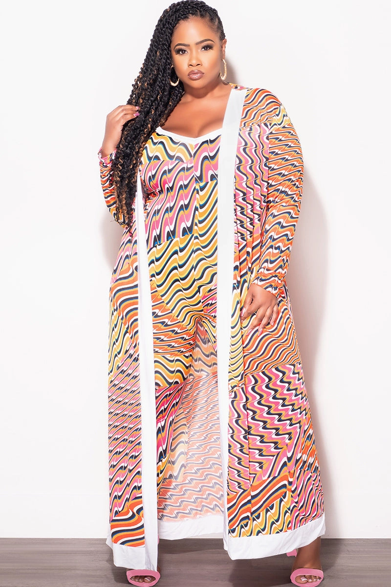 elastic waistband Final Sale Plus Size 2pc Duster & Spaghetti Strap Jumpsuit Set in Orange Multi Color Print
