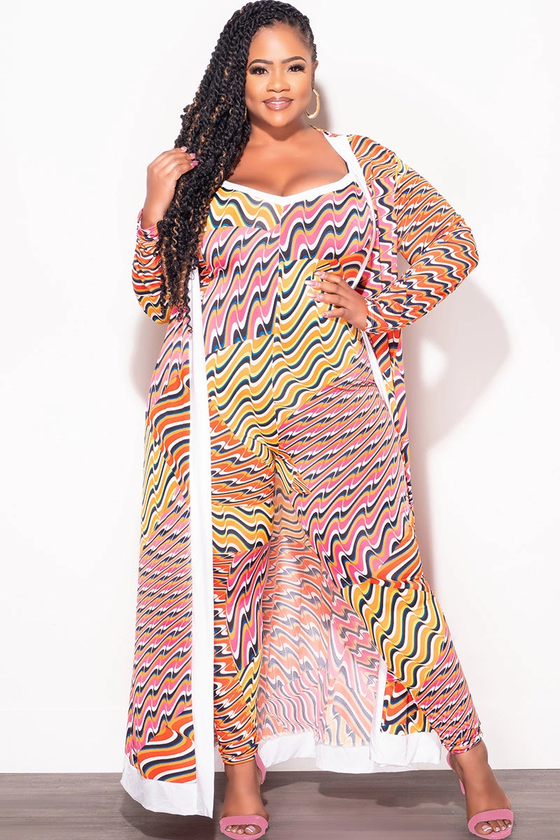 Final Sale Plus Size 2pc Duster & Spaghetti Strap Jumpsuit Set in Orange Multi Color Print Easy Stretch Fit Fashion Fit