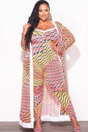 Final Sale Plus Size 2pc Duster & Spaghetti Strap Jumpsuit Set in Orange Multi Color Print Easy Stretch Fit Fashion Fit