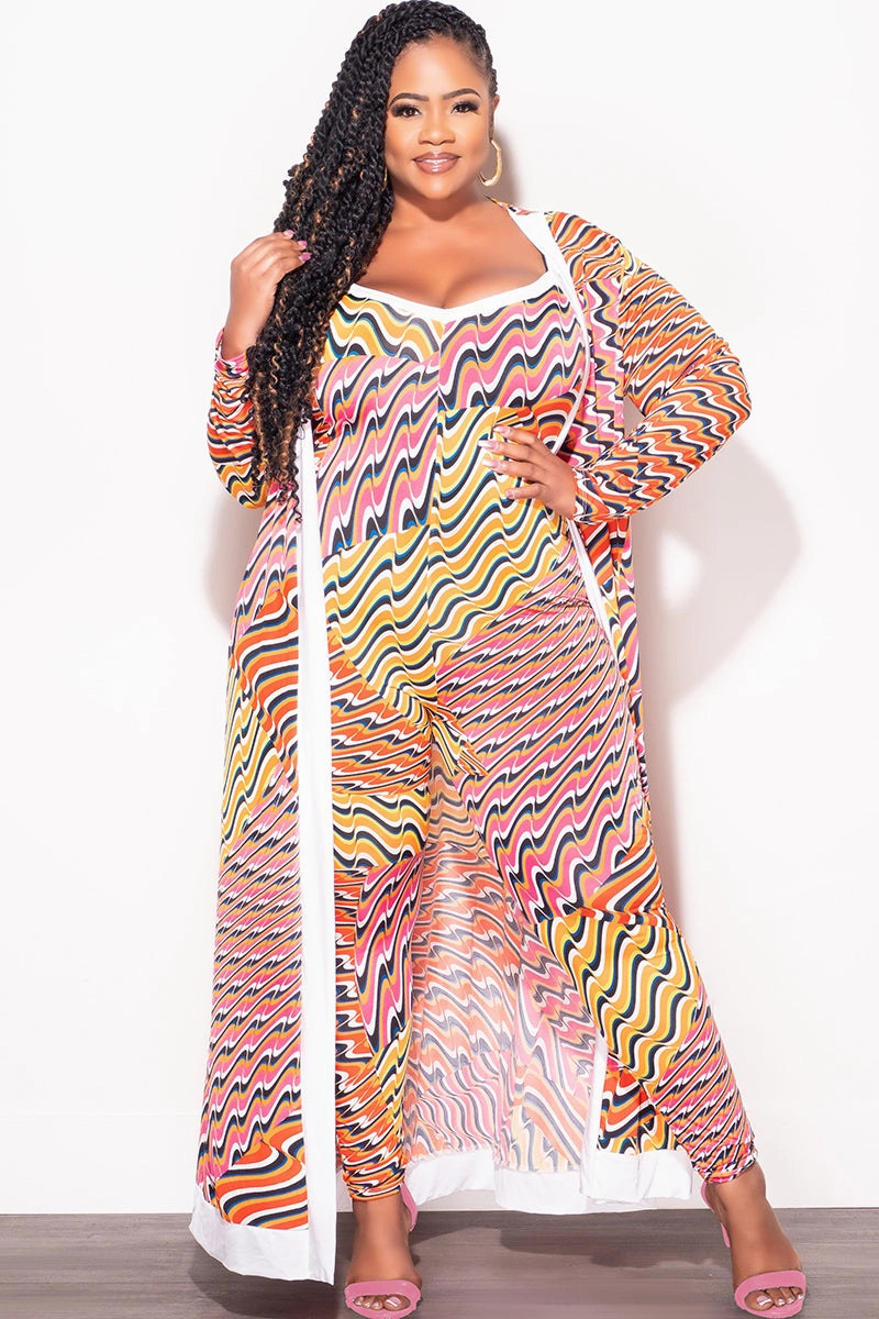 Final Sale Plus Size 2pc Duster & Spaghetti Strap Jumpsuit Set in Orange Multi Color Print Relaxed Design Wear Active Fit