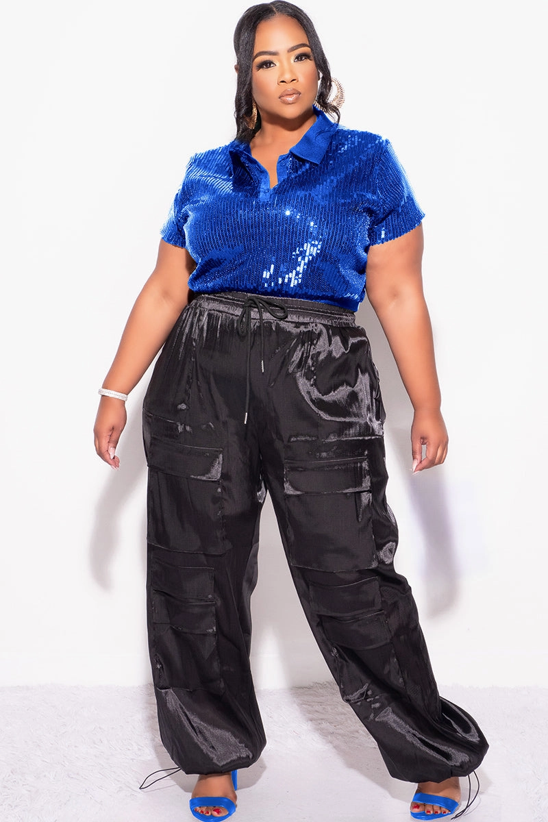 Final Sale Plus Size Collar Sequin Top in Royal Blue High Rise Design
