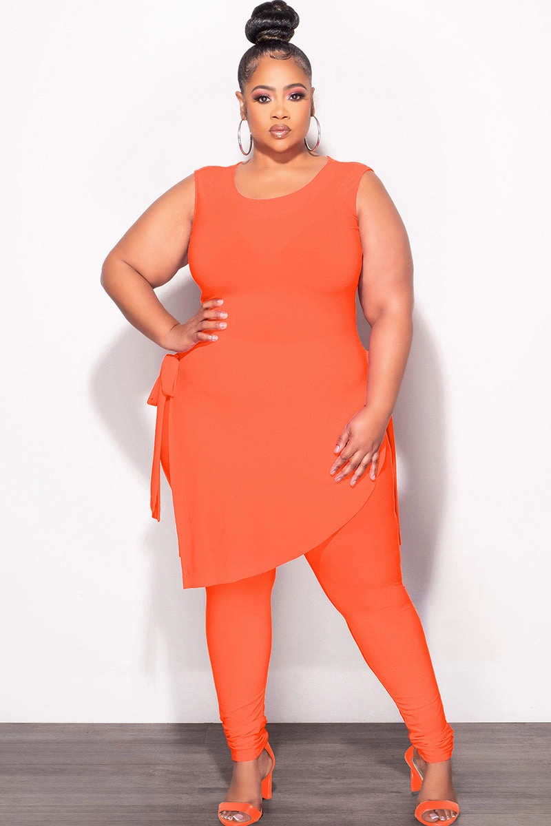Final Sale Plus Size 2pc Sleeveless Top and Pants Set in Orange Fitted Style